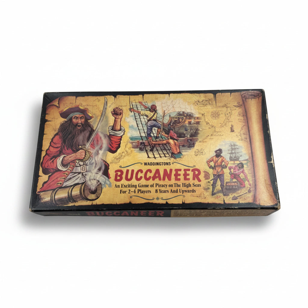Vintage 'Buccaneer' board game box with illustrations of characters on a map.