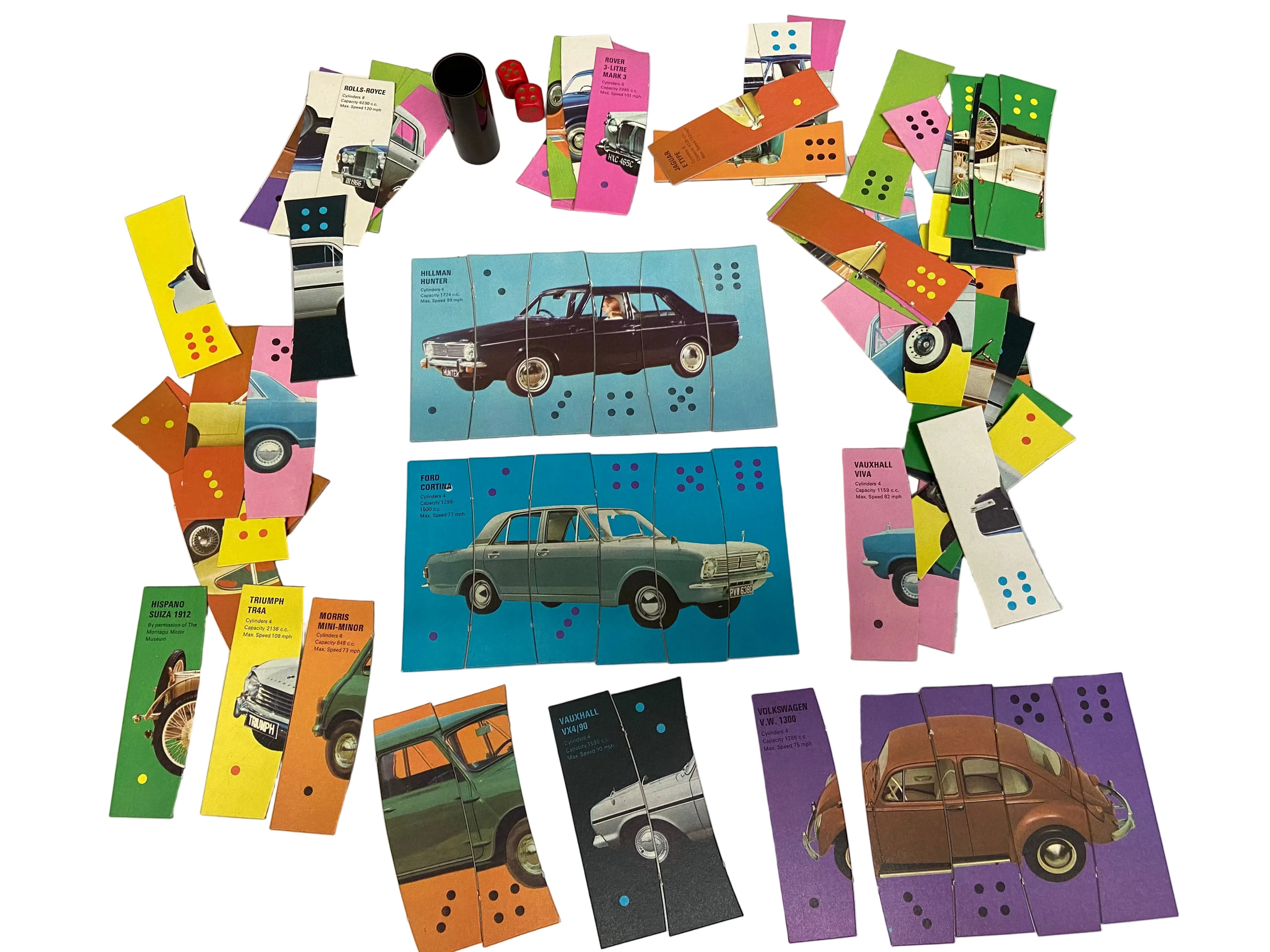 Colorful car-themed puzzle pieces on a white background