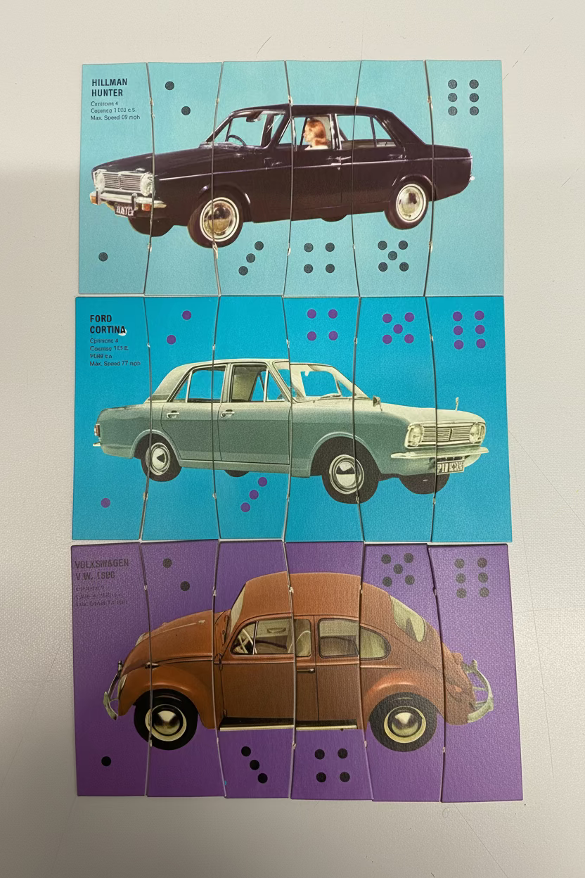 Car puzzle with three different car illustrations on a tiled background