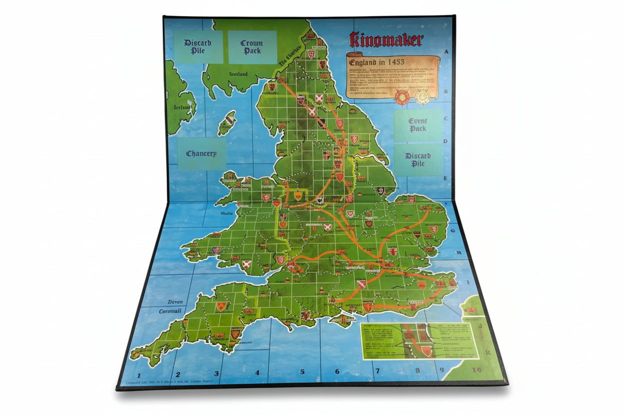 Map of England in 1453 with a title 'Kingmaker' on a light gray background