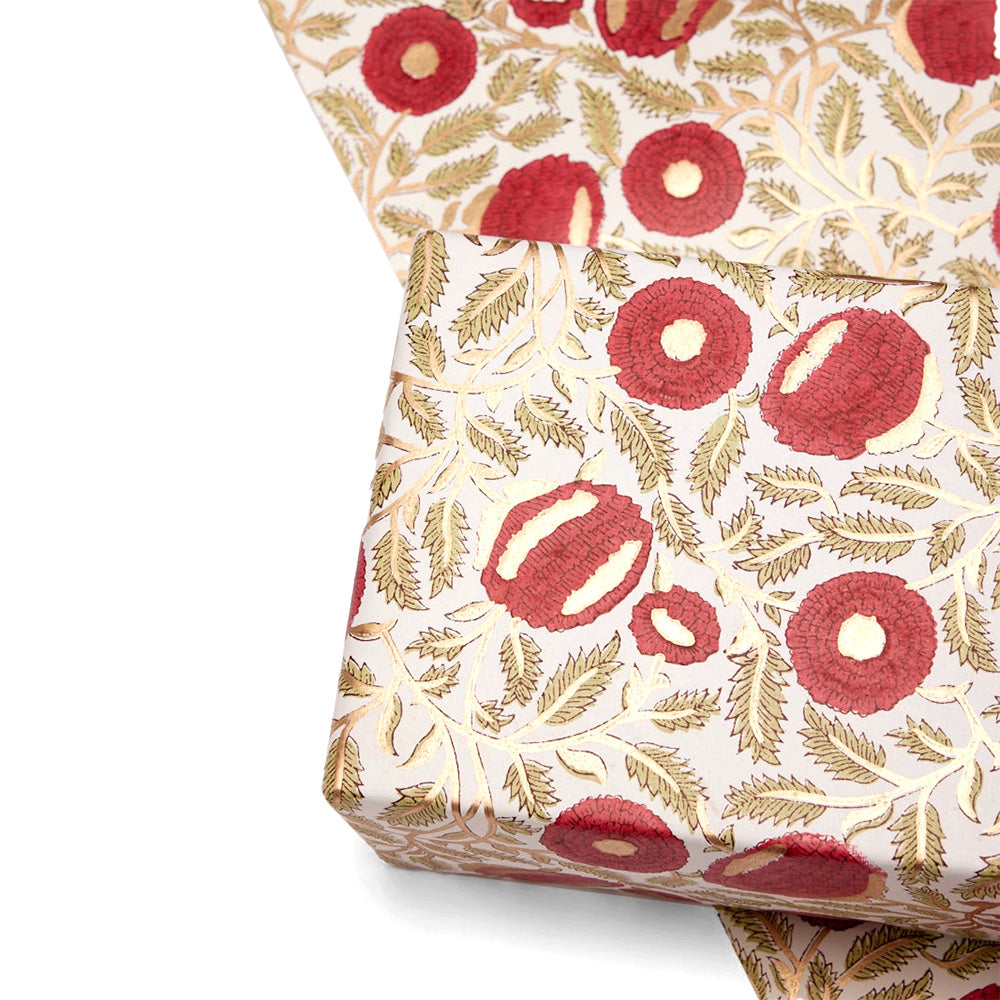 Marigold glitz scarlet hand-printed wrapping paper
