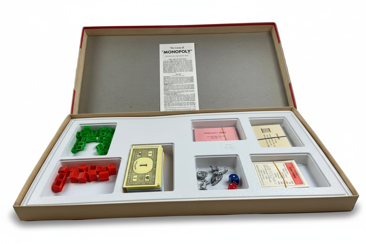 Open Monopoly game box with pieces and cards on a white background