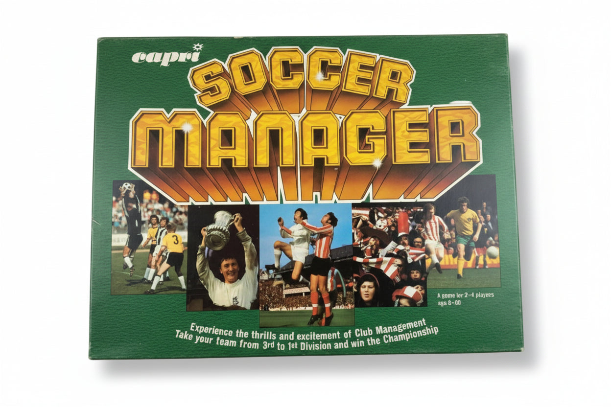 Board game box for 'Manager Soccer' with images of people and text on a green background