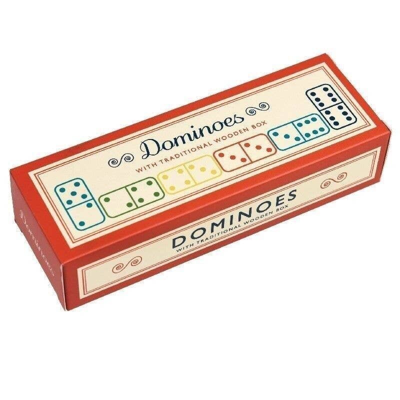 Wooden box of dominoes
