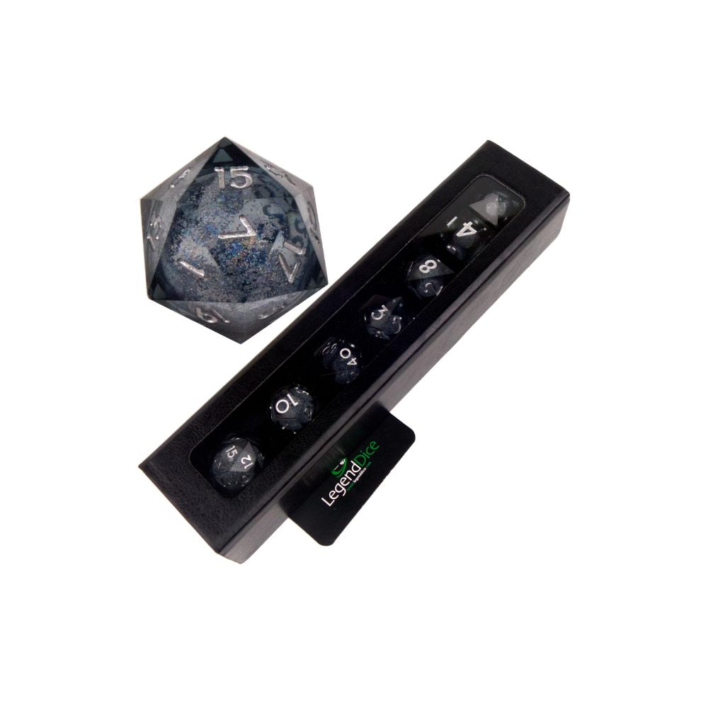 Glitter Black Silver | Liquid Core Dice in case: 7pcs multi-sided set