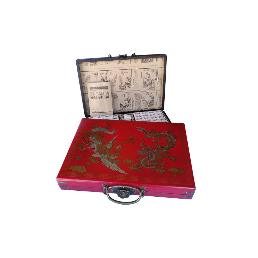 Dragon motif wooden case mah jong set (acrylic tiles)