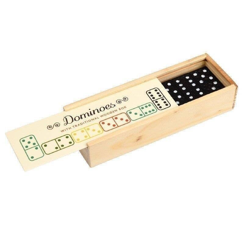 Wooden box of dominoes