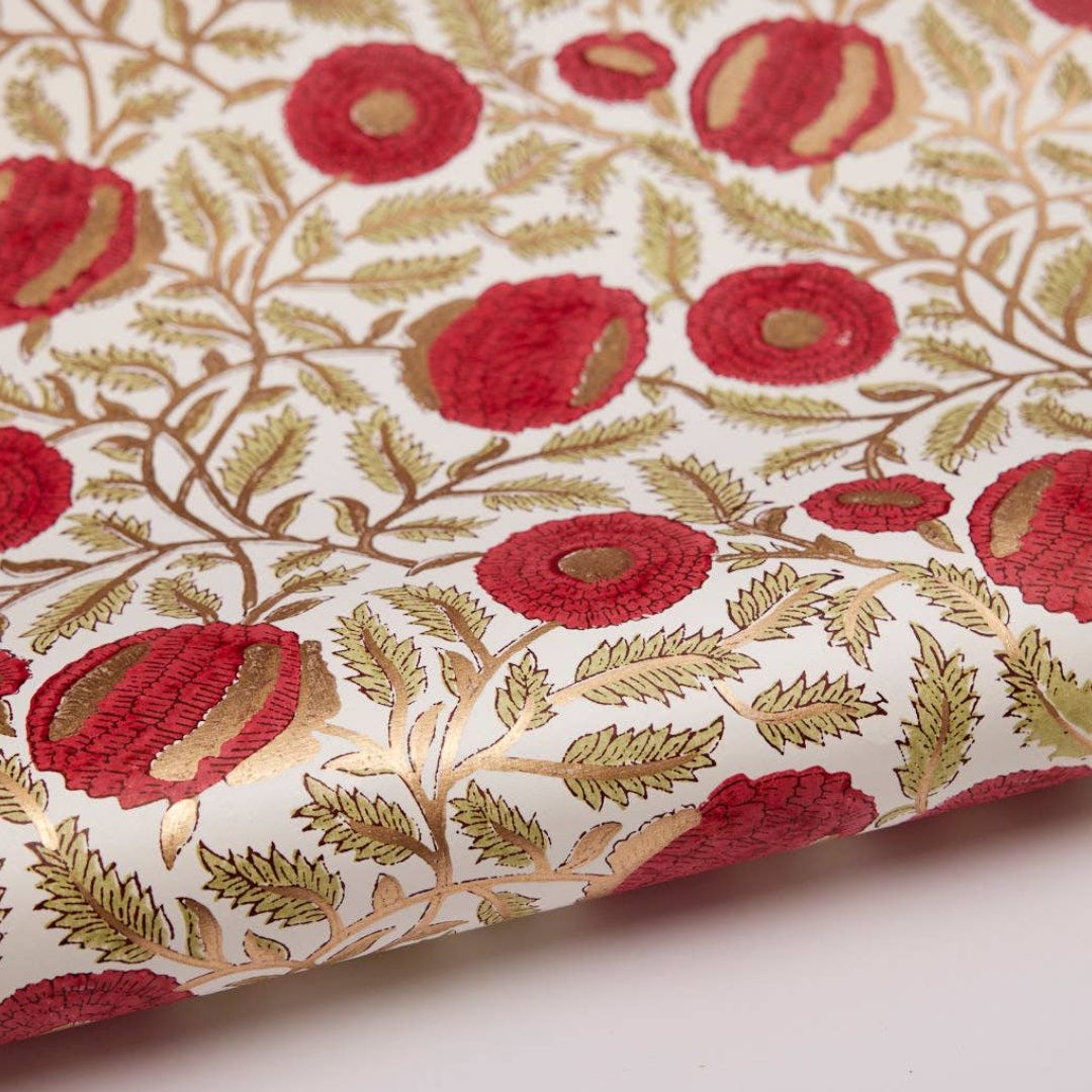 Marigold glitz scarlet hand-printed wrapping paper