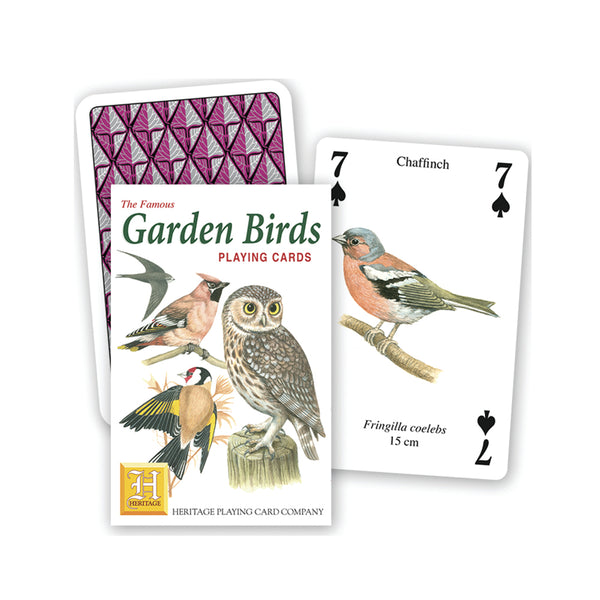 Garden birds playing cards front of pack