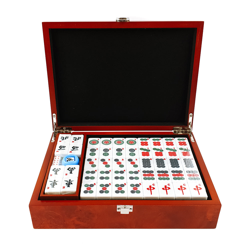 Varnished wooden case mah jong set (acrylic tiles)