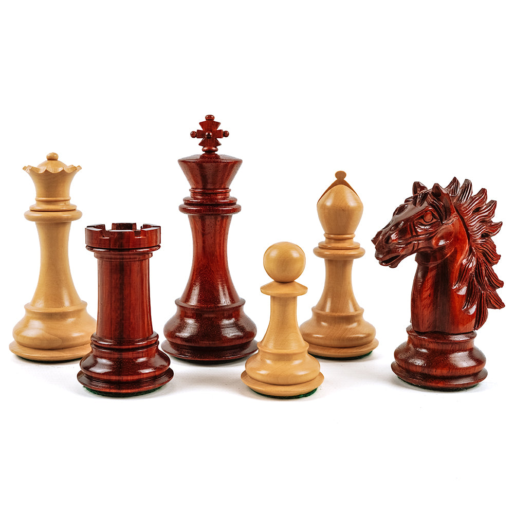 All Souls chess pieces: Staunton style in triple-weighted padauk and boxwood (4.75”)