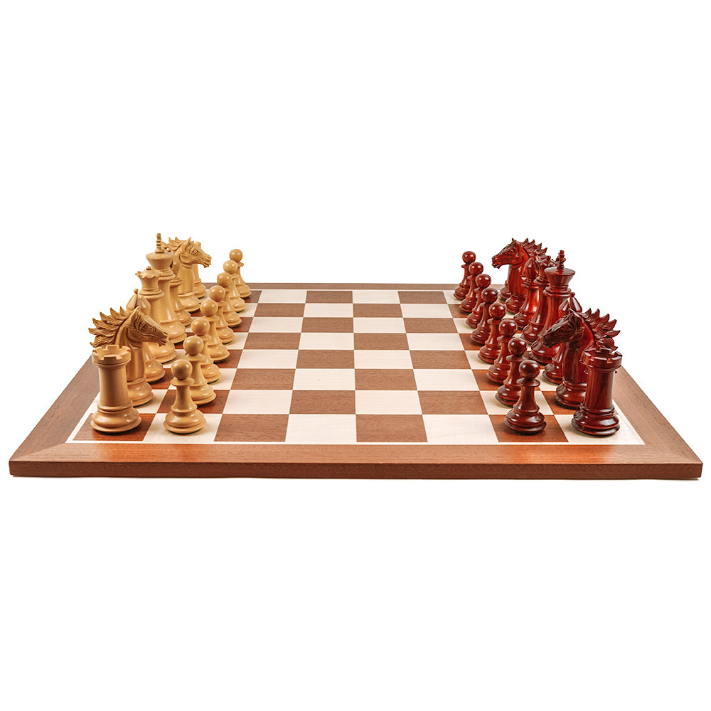 All Souls chess pieces: Staunton style in triple-weighted padauk and boxwood (4.75”)