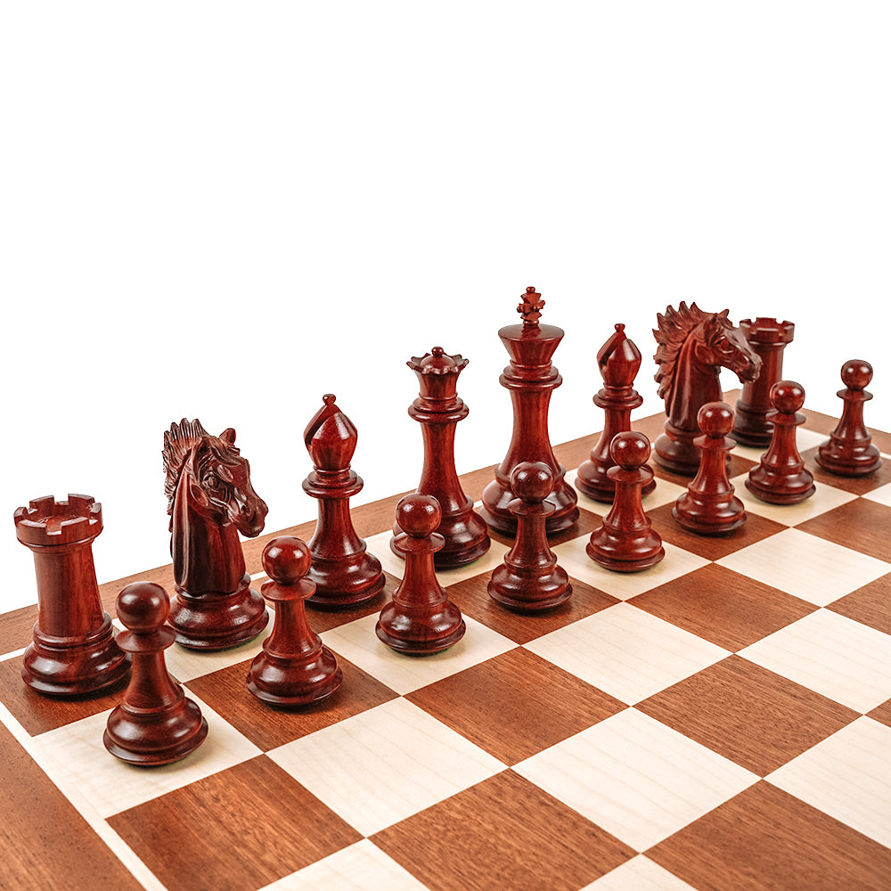 All Souls chess pieces: Staunton style in triple-weighted padauk and boxwood (4.75”)