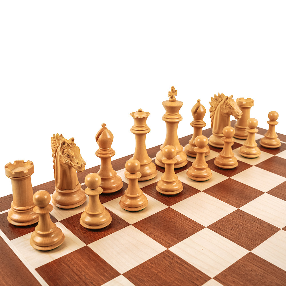 All Souls chess pieces: Staunton style in triple-weighted padauk and boxwood (4.75”)