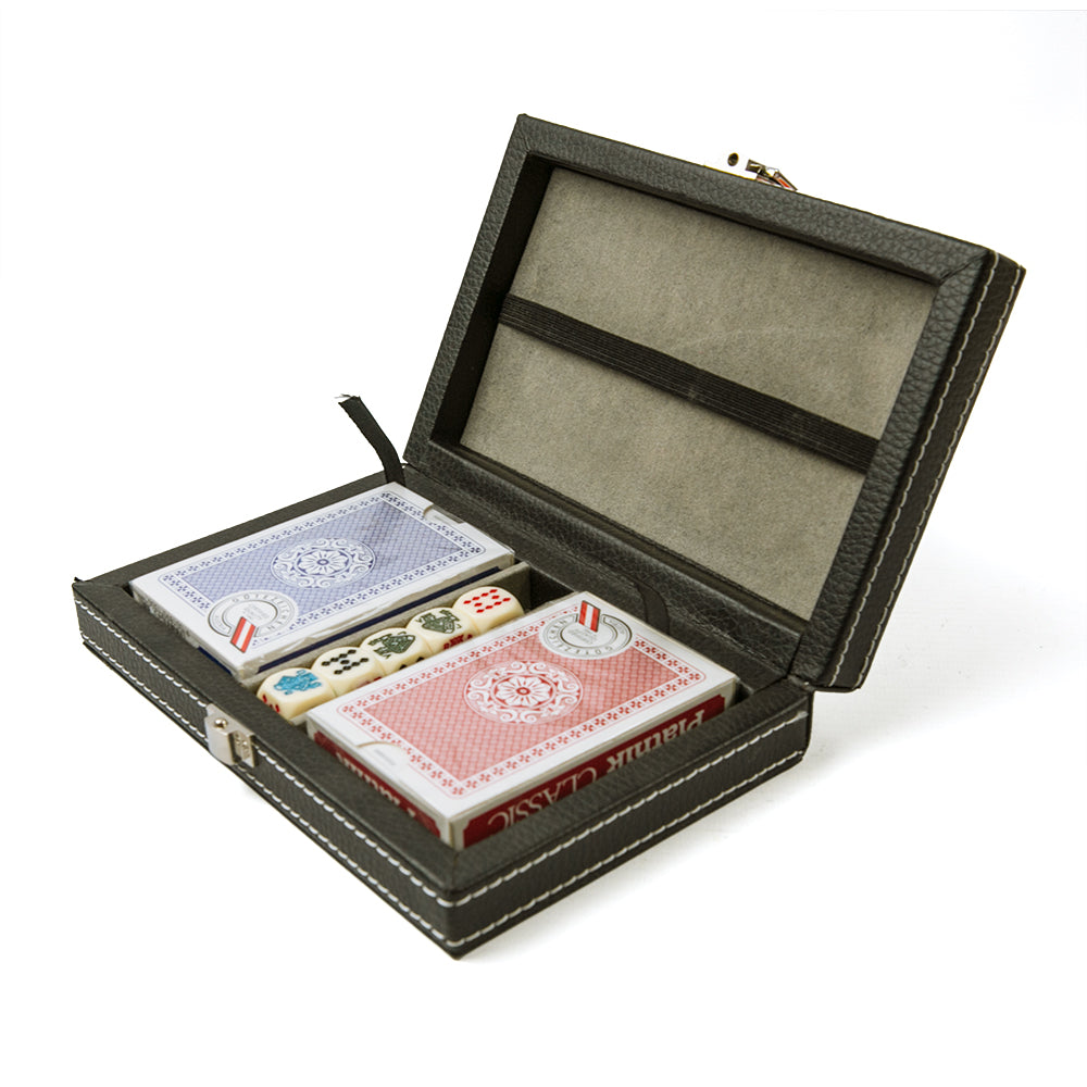 Faux leather card box with twin deck of playing cards and poker dice