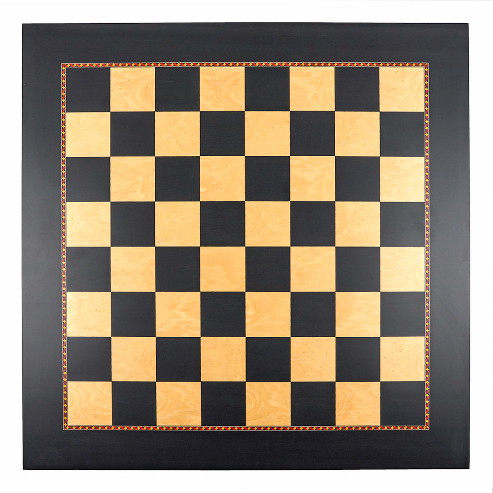 Harmon chess board: black tulip and root wood with decorative frieze border