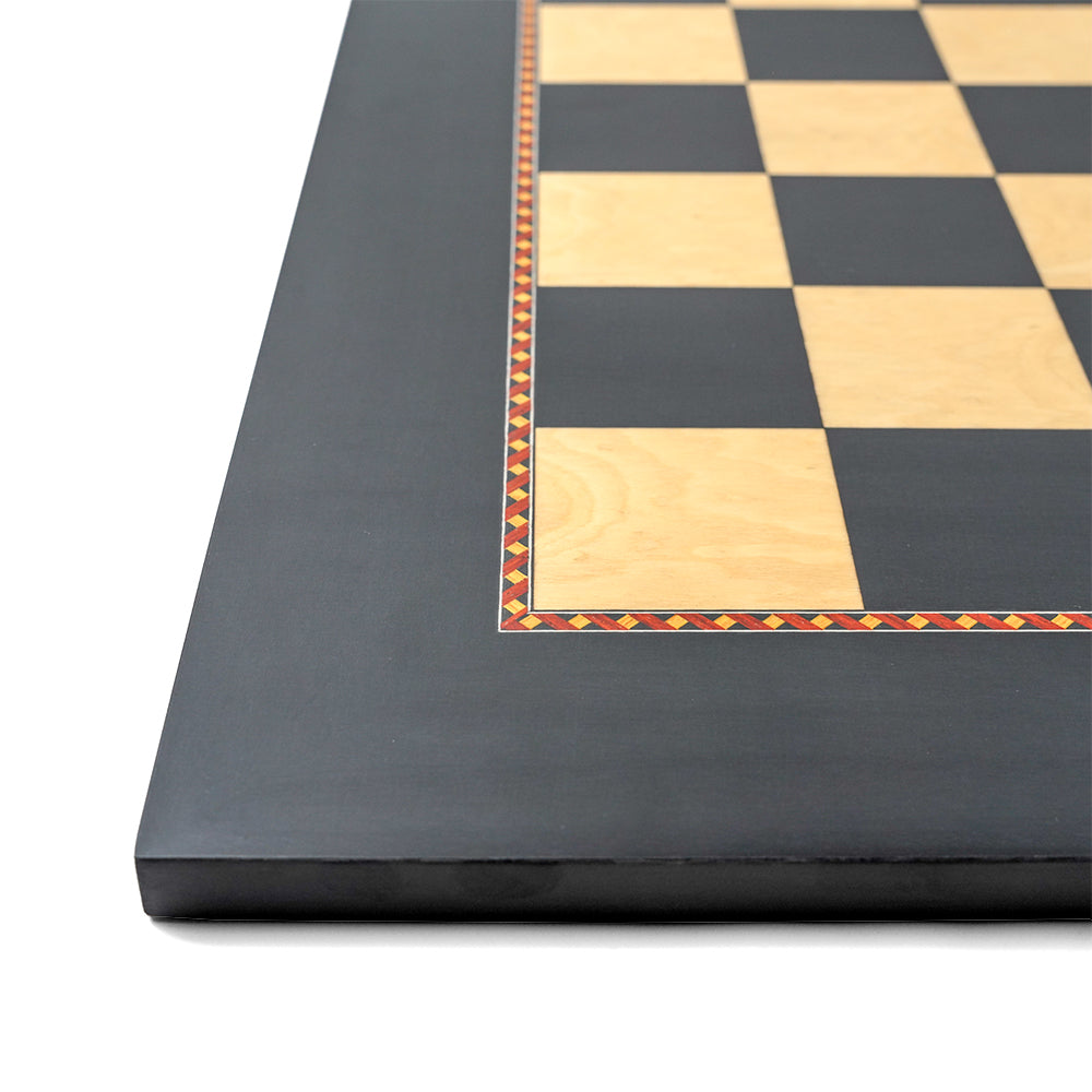 Harmon chess board: black tulip and root wood with decorative frieze border