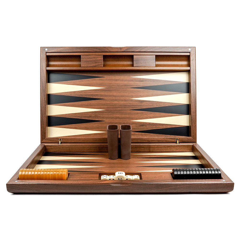 London folding backgammon set: walnut, maple and ebony