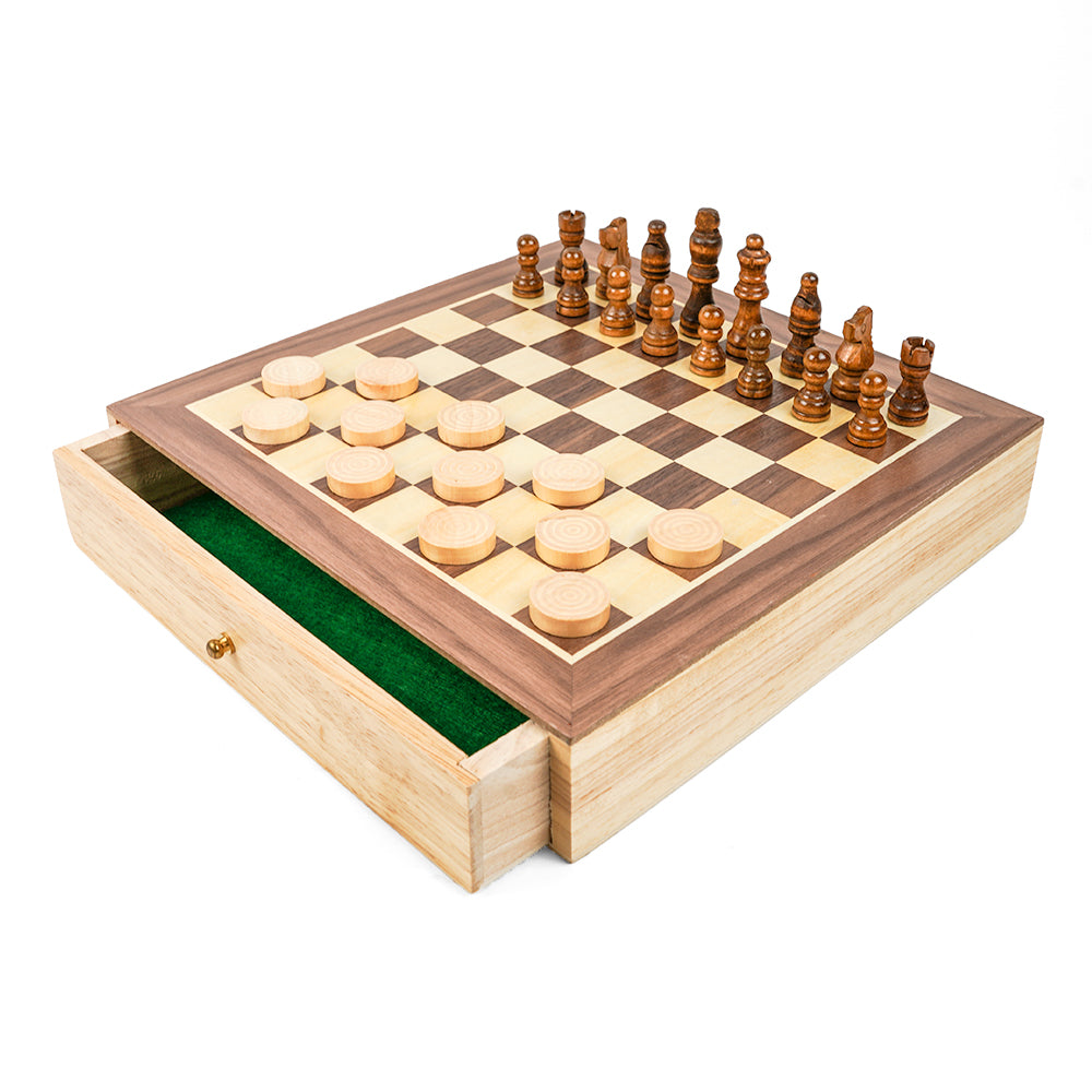 Wooden chess and draughts set with drawer