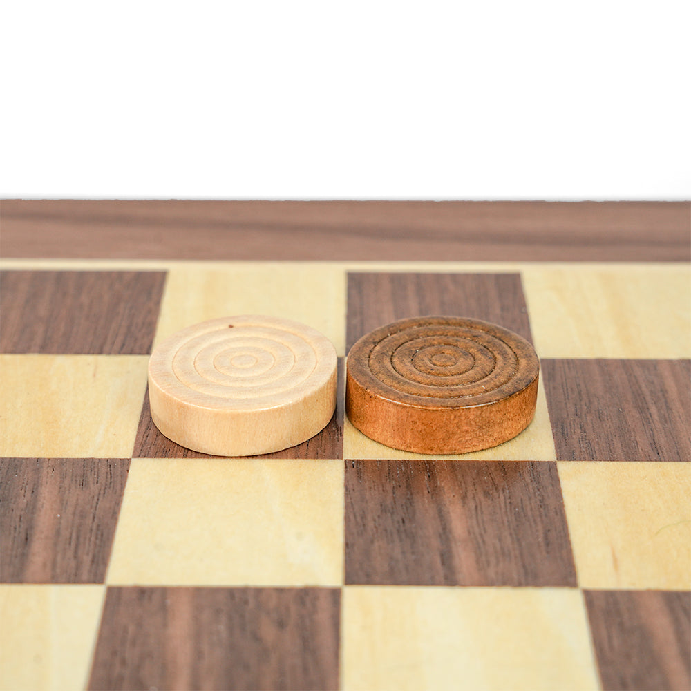 Wooden chess and draughts set with drawer