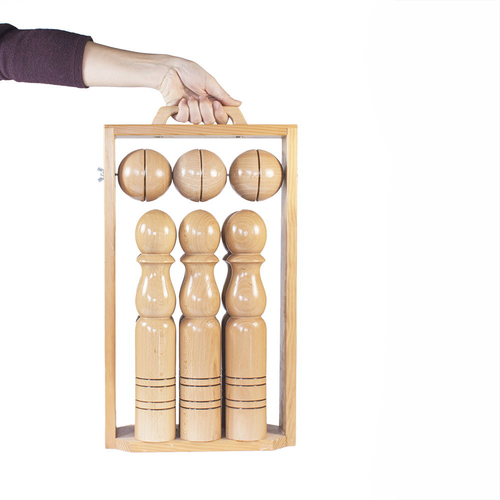 Portable wooden bowling set